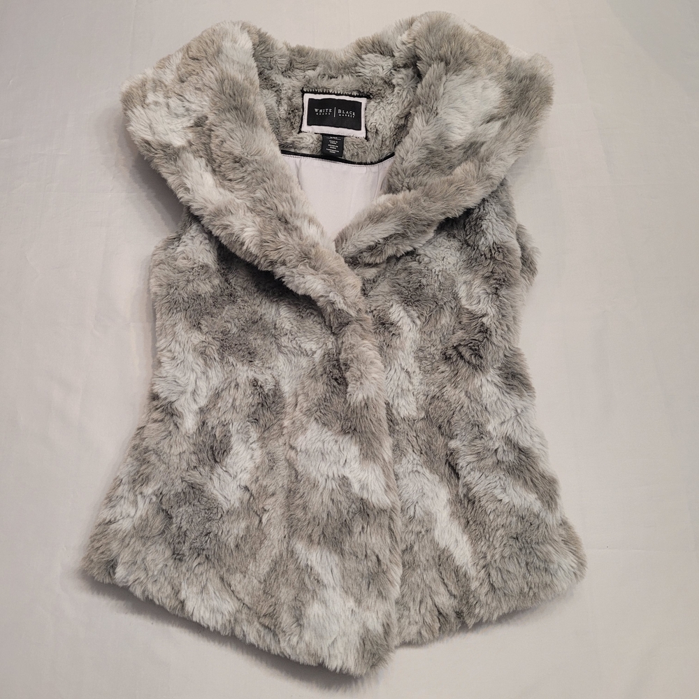 White House Black Market Gray Faux Fur Hooded Vest XXS